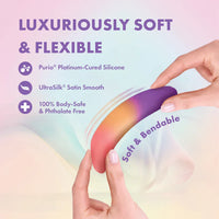 purple, orange, red ombre vibrating bullet with dolphin head shaped tip, flexible