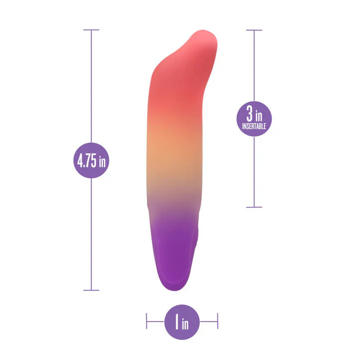 purple, orange, red ombre vibrating bullet with dolphin head shaped tip, height 4.75", width 1"