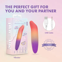 purple, orange, red ombre vibrating bullet with dolphin head shaped tip, beside box packaging