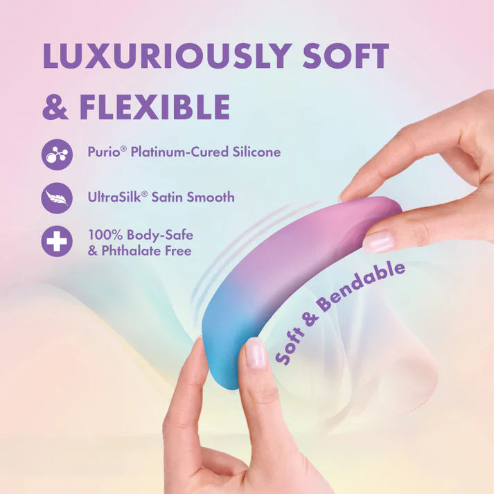 pink, purple, blue ombre vibrating bullet, with dolphin shaped head on tip, flexible