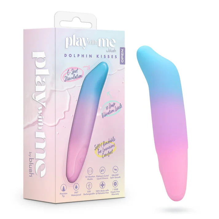 pink, purple, blue ombre vibrating bullet, with dolphin shaped head on tip, beside box packaging