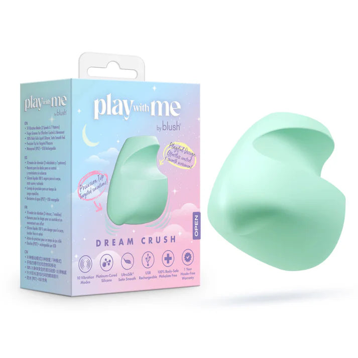 Mint green finger vibrator with 'play with me' packaging on a white background