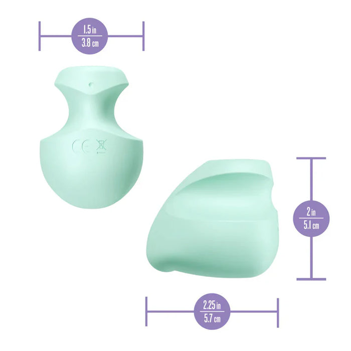 Two green finger vibrator products with measurements on a white background