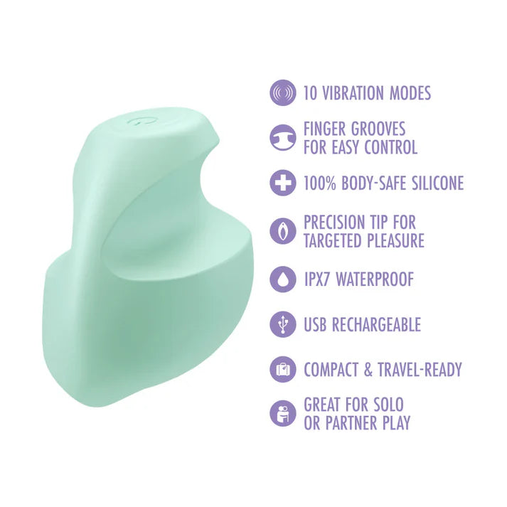 Mint green finger vibrator with features listed on a white background