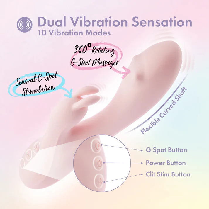 specs chart
360 degree rotating g spot massager 
sensual c spot stim
flexible curved shaft
g spot button
power button
clit stim button