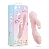 pink vibrator with bunny ear clitoral stimulation, g spot thumper near top, 3 button remote