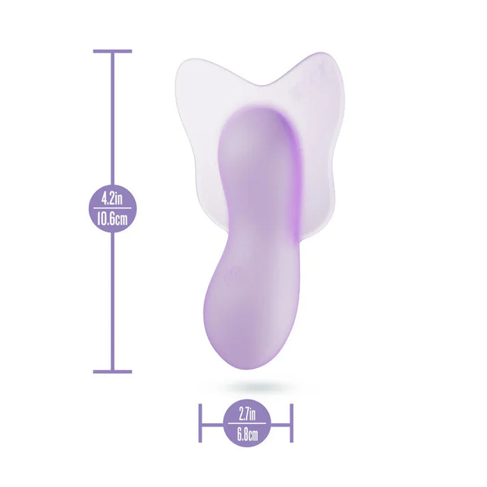 Purple vibrator with measurements on a white background