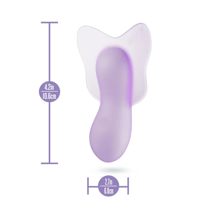 Purple vibrator with measurements on a white background