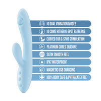 specs chart
10 dual vibration modes
10 come hither g spot patterns
curved for g sport stimulation
platinum cured silicone
satin smooth feel
ipx7 waterproof
magnetic usb charging
100% body safe & phthlate free