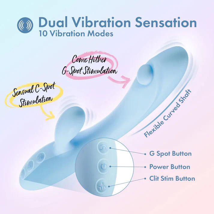 specs chart
come hither g spot stimulation
sensual c spot stimulation
flexible curved shaft
g spot button
power button
clit stim button