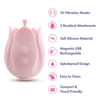 Pink rose vibrator with features listed on a white background