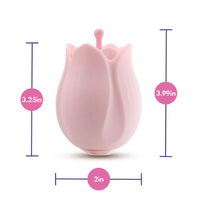 Pink rose vibrator product with measurements on a white background