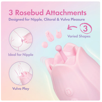 Product packaging with text and illustrations of rosebud attachments for intimate use on a gradient pink and blue background.