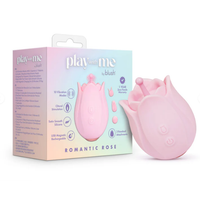 Pink rose vibrator with 'play with me' packaging on a white background