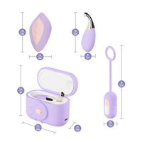 Play With Me Snapstar by Blush displayed with product dimensions for the wearable vibrator, remote control, charging case, and vibrating egg attachment in pastel purple.