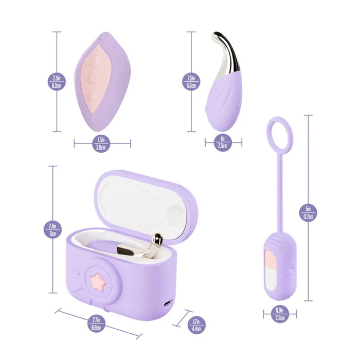 Play With Me Snapstar by Blush displayed with product dimensions for the wearable vibrator, remote control, charging case, and vibrating egg attachment in pastel purple.
