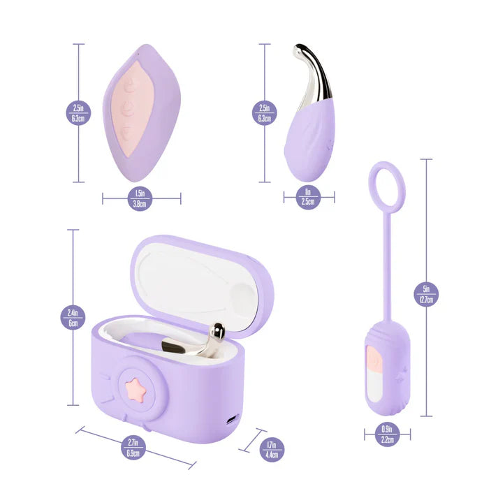 Play With Me Snapstar by Blush displayed with product dimensions for the wearable vibrator, remote control, charging case, and vibrating egg attachment in pastel purple.