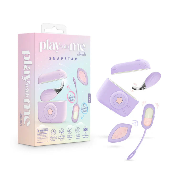 Play With Me Snapstar by Blush wearable vibrator set in pastel purple featuring a vibrating egg, remote control, charging case, and interchangeable accessories, shown alongside retail packaging.