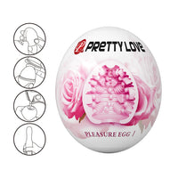 White pleasure egg masturbator with pink roses and 'Pretty Love' branding on a white background