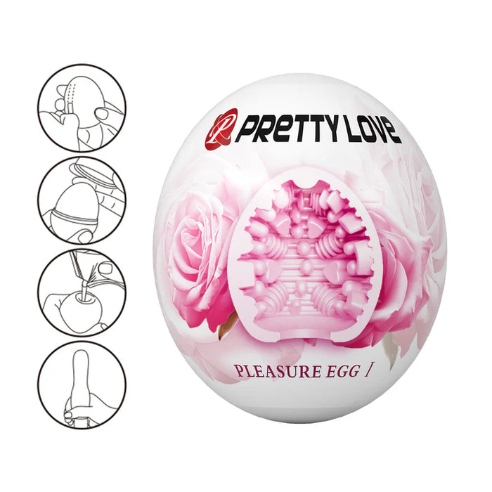 White pleasure egg masturbator with pink roses and 'Pretty Love' branding on a white background