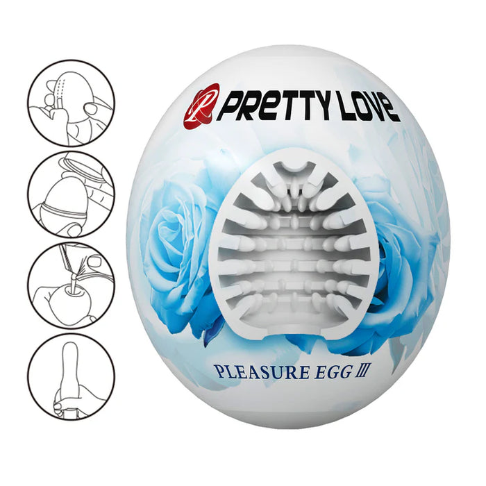 Pretty Love pleasure egg masturbator with blue roses and usage instructions on a white background