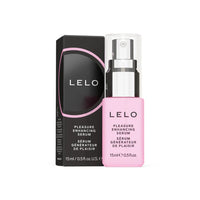 pink spray bottle of pleasure enhancing serum by lelo, beside black box packaging