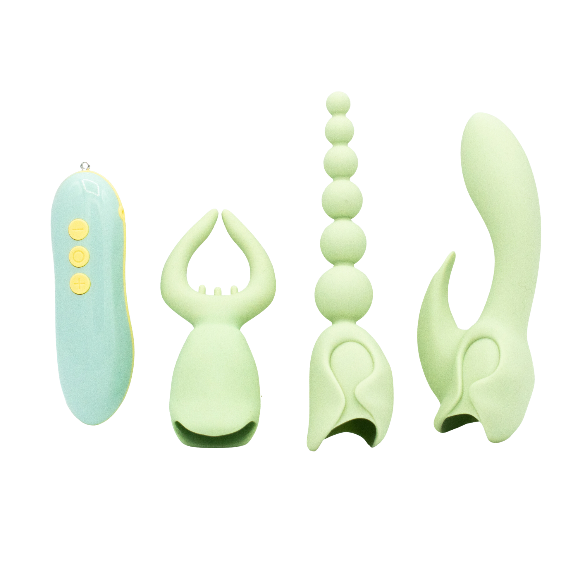 Set of green silicone toys on a white background