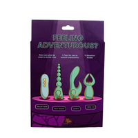 Product packaging with text 'Feeling Adventurous?' and illustrations of toys on a purple background.