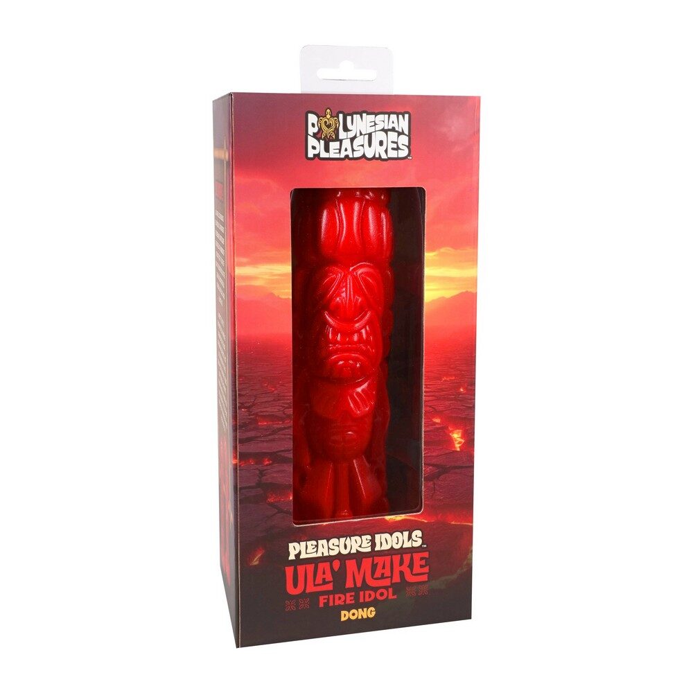 Red tiki idol in packaging with 'Polynesian Pleasures' branding on a scenic background