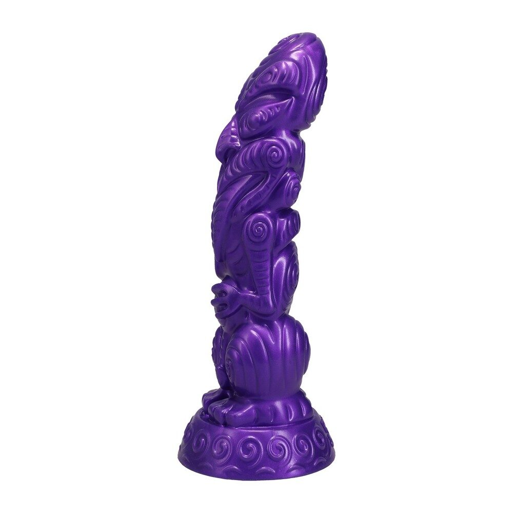 Purple pleasure idols uhane ino spirit dildo with intricate designs on a white background