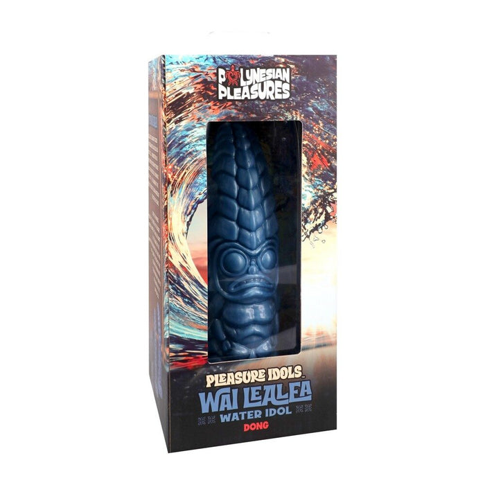 Blue Pleasure Idol dildo in packaging with colorful abstract design