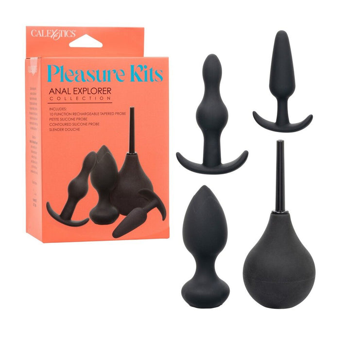 Black silicone anal exploration products with packaging labeled 'Pleasure Kits' on a white background.
