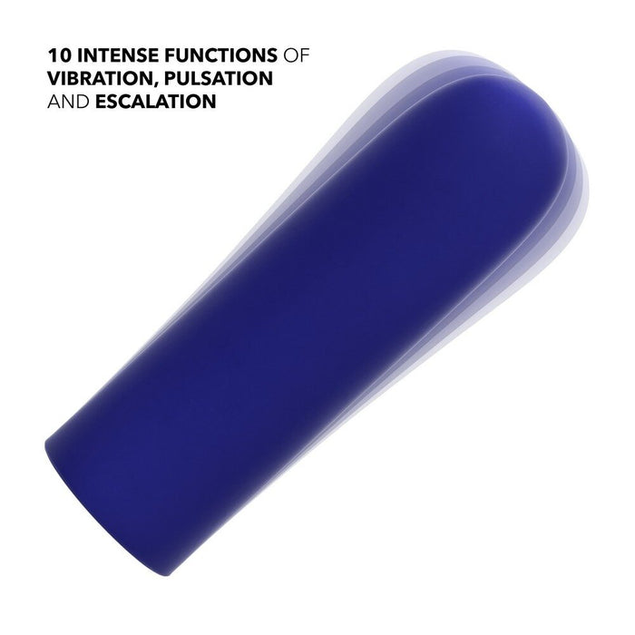 Blue and white vibrating bullet with text about vibration functions on a white background