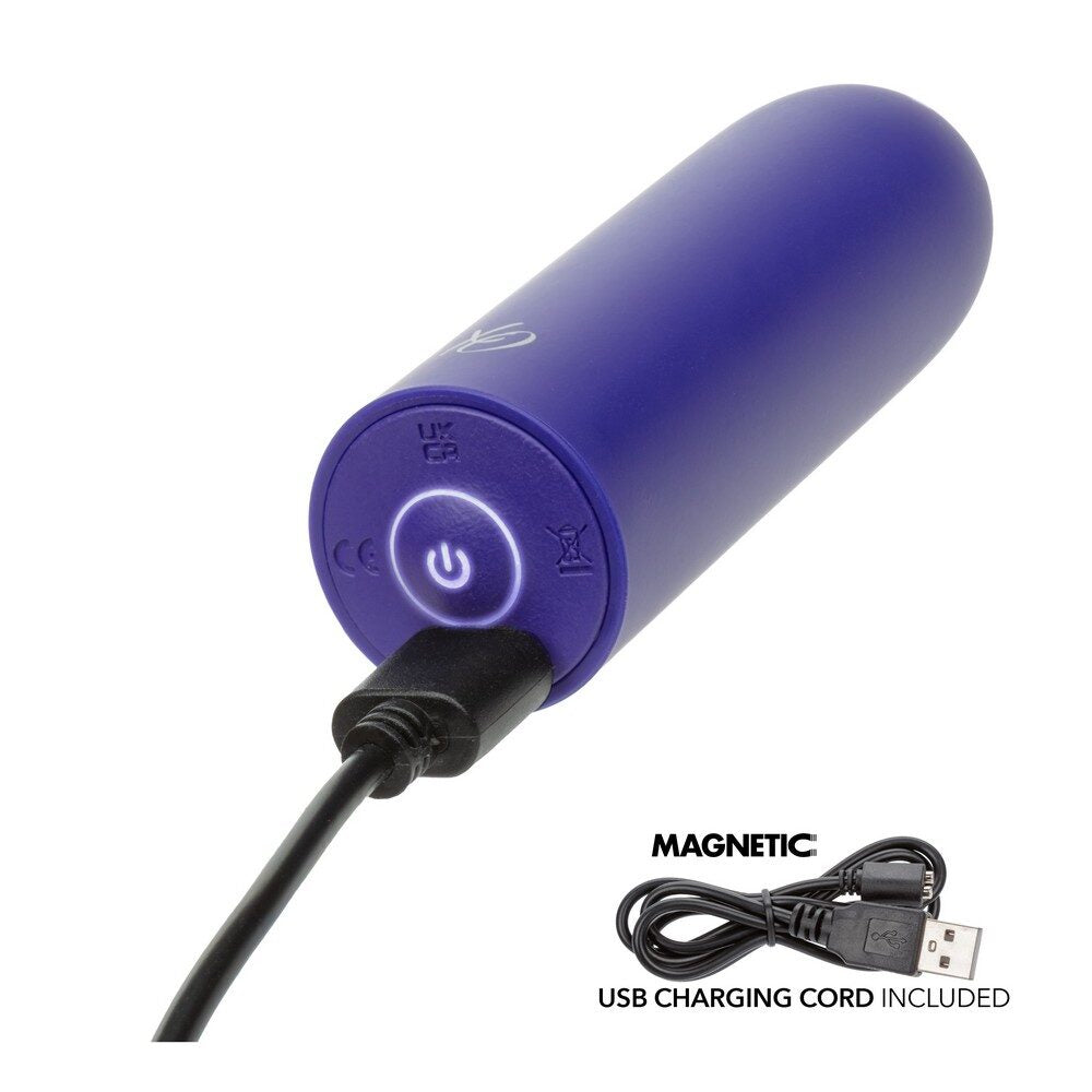 navy vibrating bullet with a USB charging cord on a white background