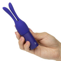Hand holding a navy rabbit-shaped toy with a brand logo on a white background