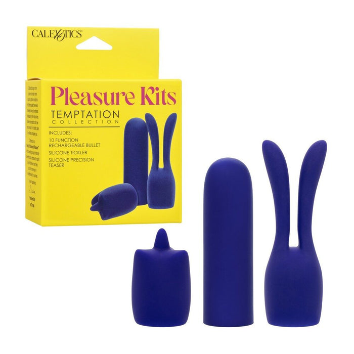 Blue silicone pleasure toys with packaging labeled 'Pleasure Kits Temptation Collection' on a white background.