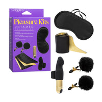Pleasure Kits Untamed Collection by CaleXotics, featuring a purple retail box and an assortment of black and gold intimate accessories including a black eye mask, adjustable nipple clamps with pom-poms, a sleeve, and a curved insert on a white background.