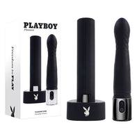 black vibrator with silver handle, black case with playboy bunny on the base standing beside display box