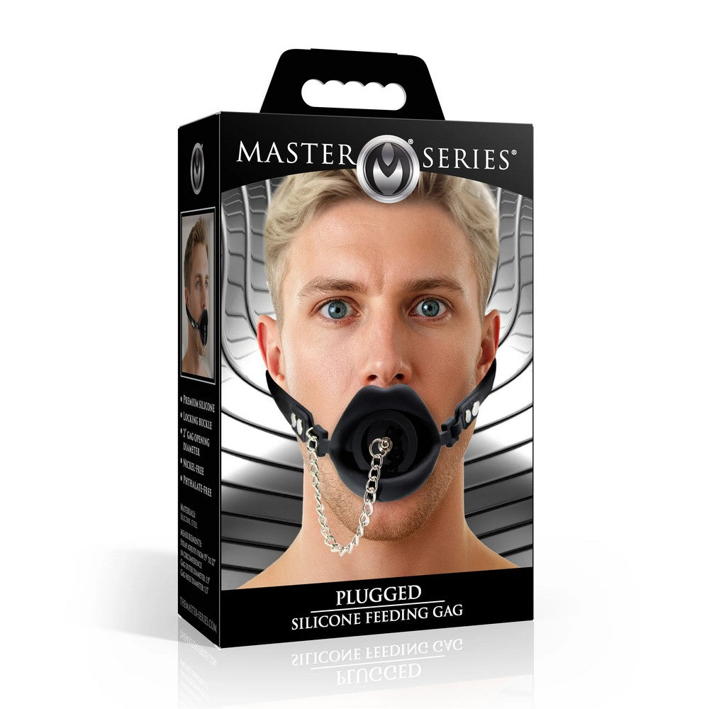 Box of Master Series Plugged Silicone Feeding Gag with a man wearing it on a white background