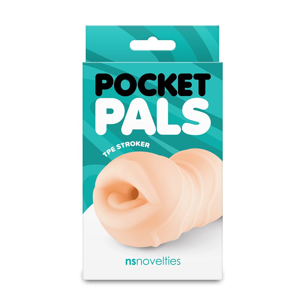 Packaged product labeled 'Pocket Pals mouth masturbator' with a teal background