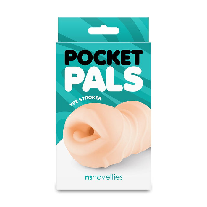 Packaged product labeled 'Pocket Pals mouth masturbator' with a teal background