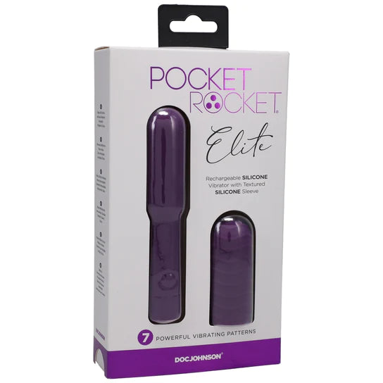 a purple clitoral vibrator with a smooth head and additional textured sleeve, shown inside its white display box