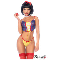 Person wearing a Snow White-themed lingerie set with red, blue, and yellow colors.