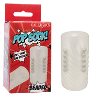 frosted tube masturbator with beads inside for texture feel, beside box packaging