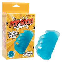 blue hand held gripper masturbator with finger grip holders, beside box packaging