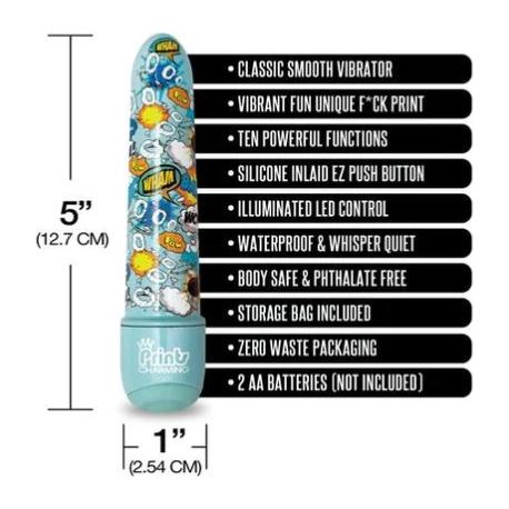 a blue vibrator with a multi colored cartoon pattern along the shaft shown next to its dimensions 5in by 1in and a list of its key features 