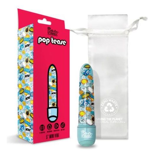 a blue vibrator with a multi colored cartoon pattern along the shaft, shown next to its white storage bag and pink display box