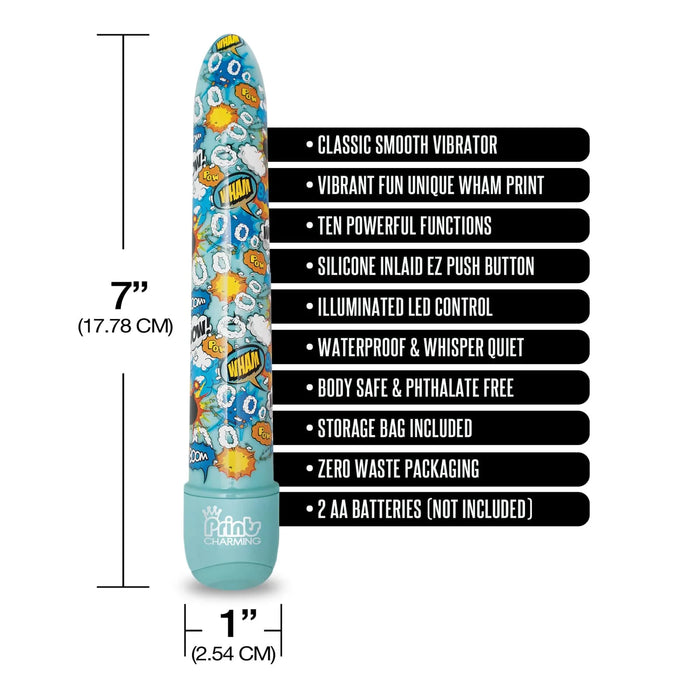 a blue vibrator with a multi colored cartoon pattern along the shaft shown next to its dimensions 7in by 1in and a list of its key features