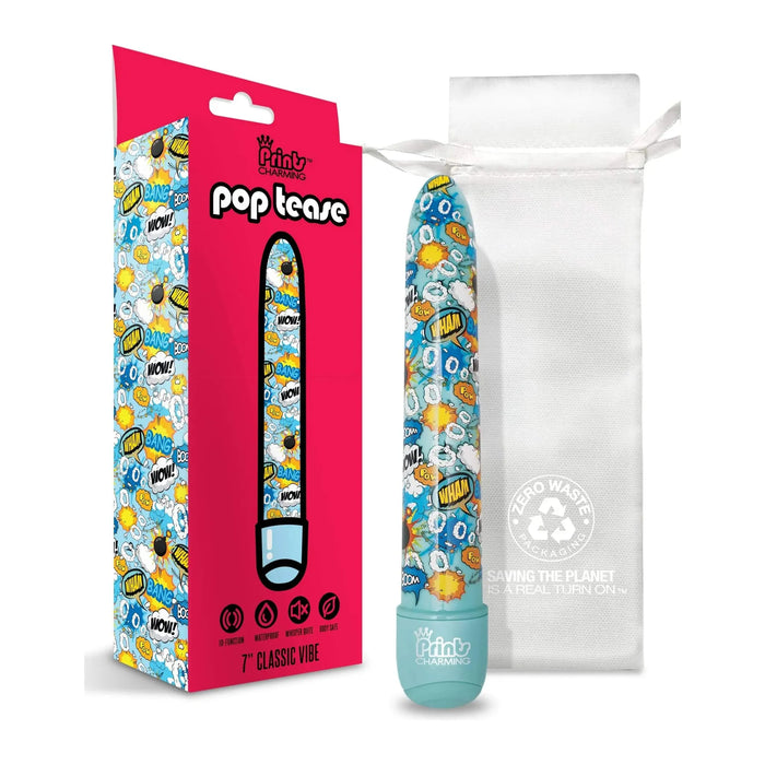 a blue vibrator with a multi colored cartoon pattern along the shaft, shown next to its white storage bag and pink display box