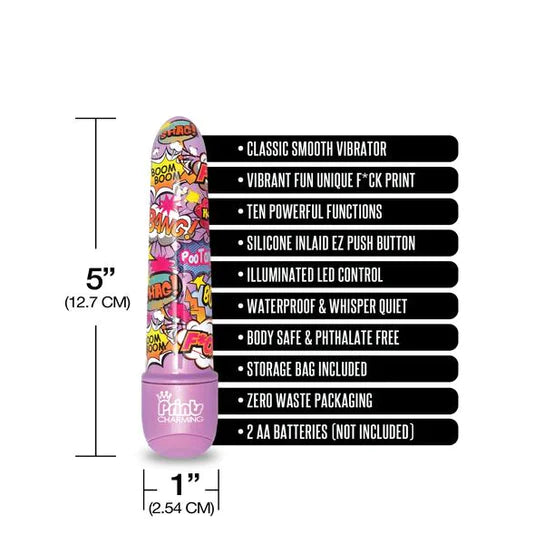 a purple vibrator with a multi colored cartoon pattern along the shaft shown next to its dimensions 5in by 1in and a list of its key features
